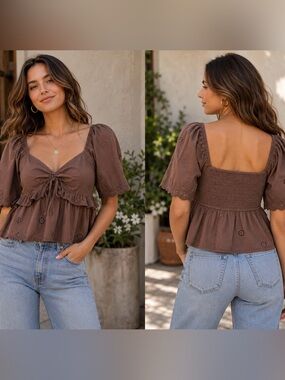 American Eagle NWT Brown Embroidered Top
